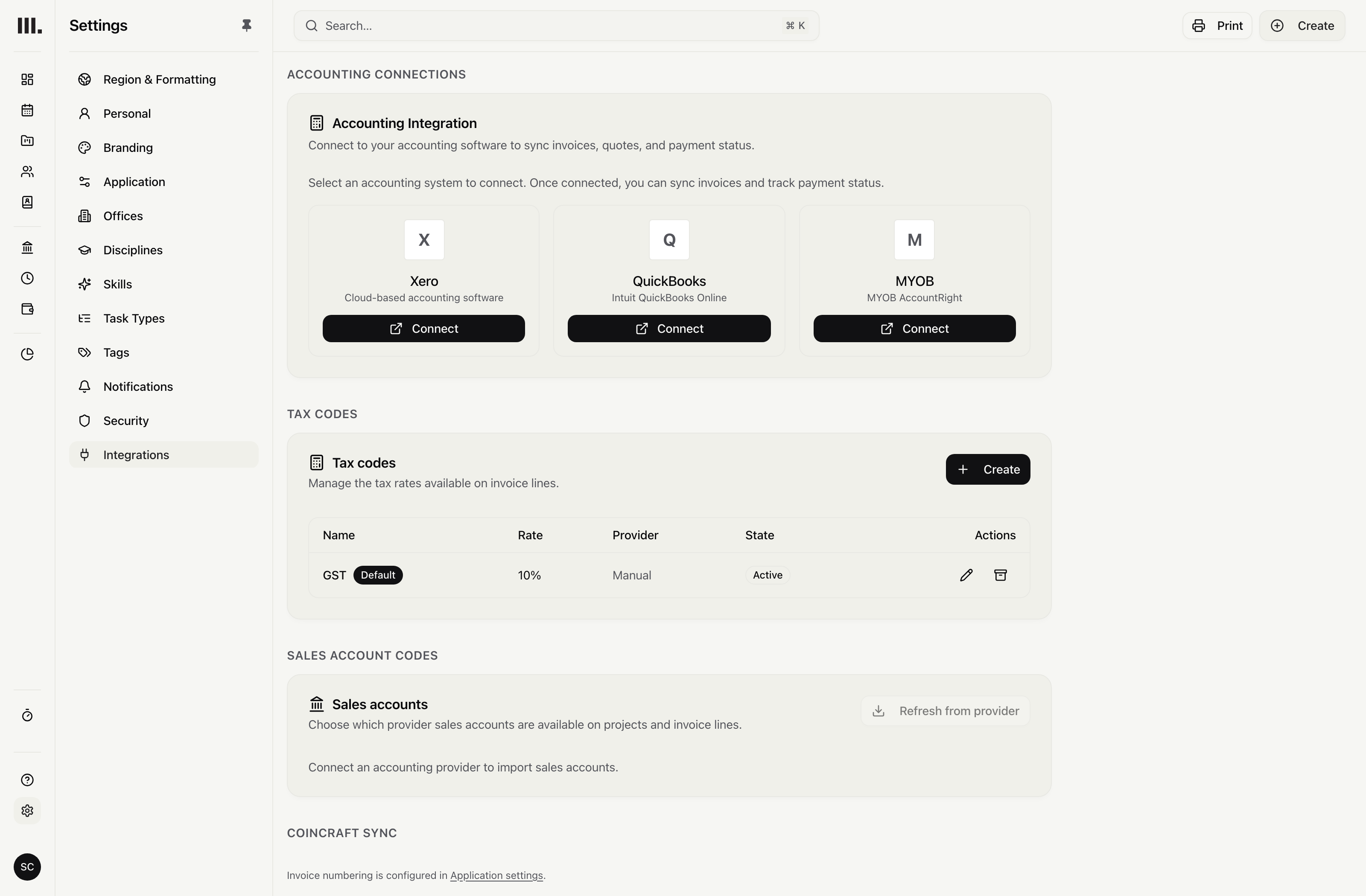 Monument integration settings showing accounting providers, tax codes and sales accounts