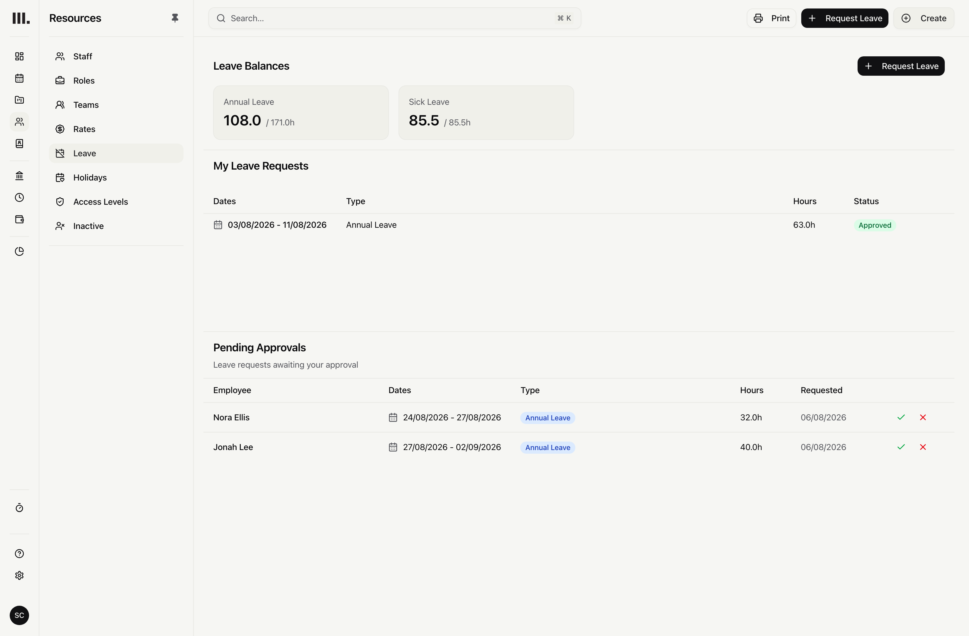 Monument leave page showing balances, requests, dates and approval status