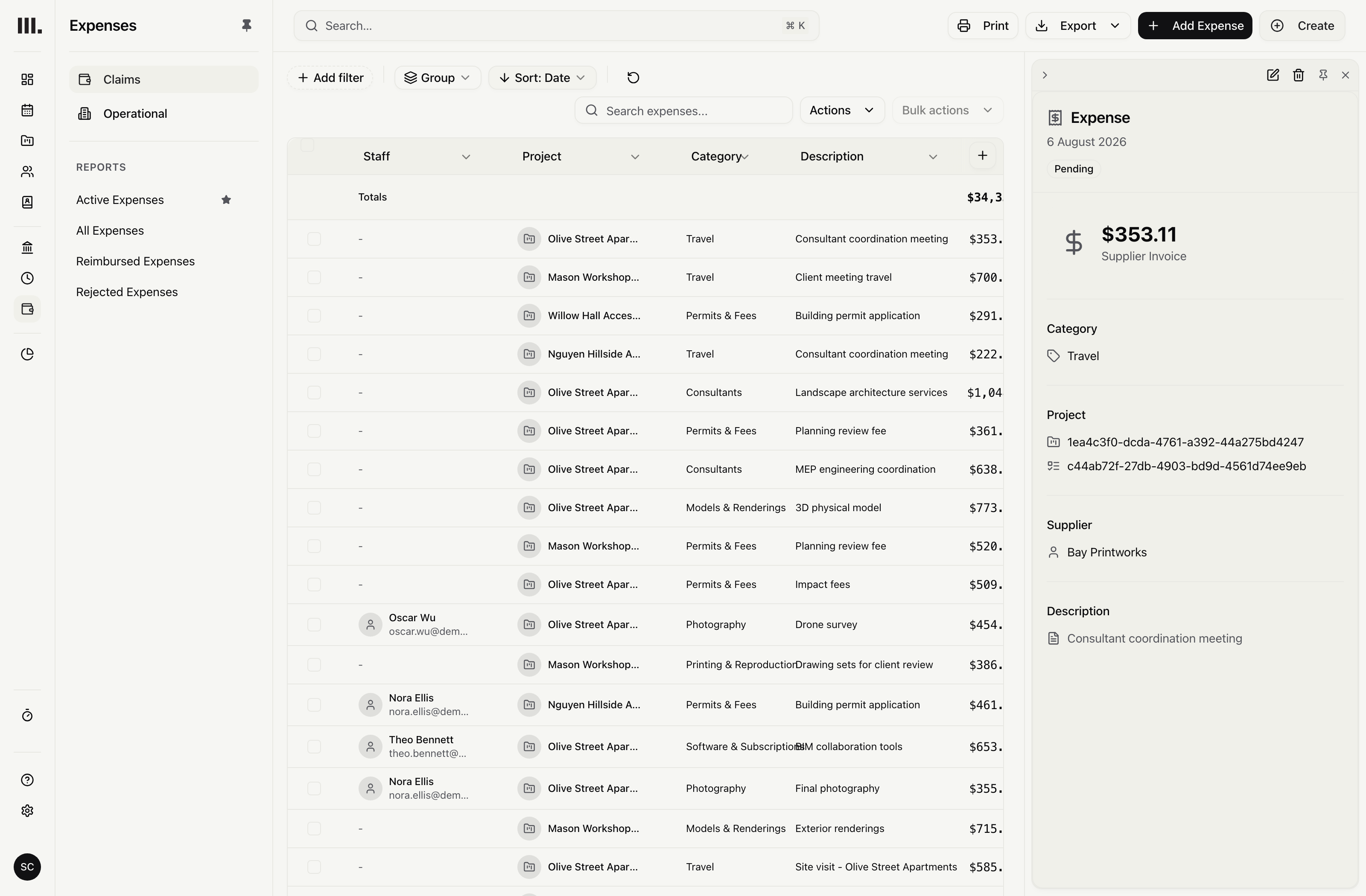 Monument expenses page showing projects, categories, amounts and supplier details