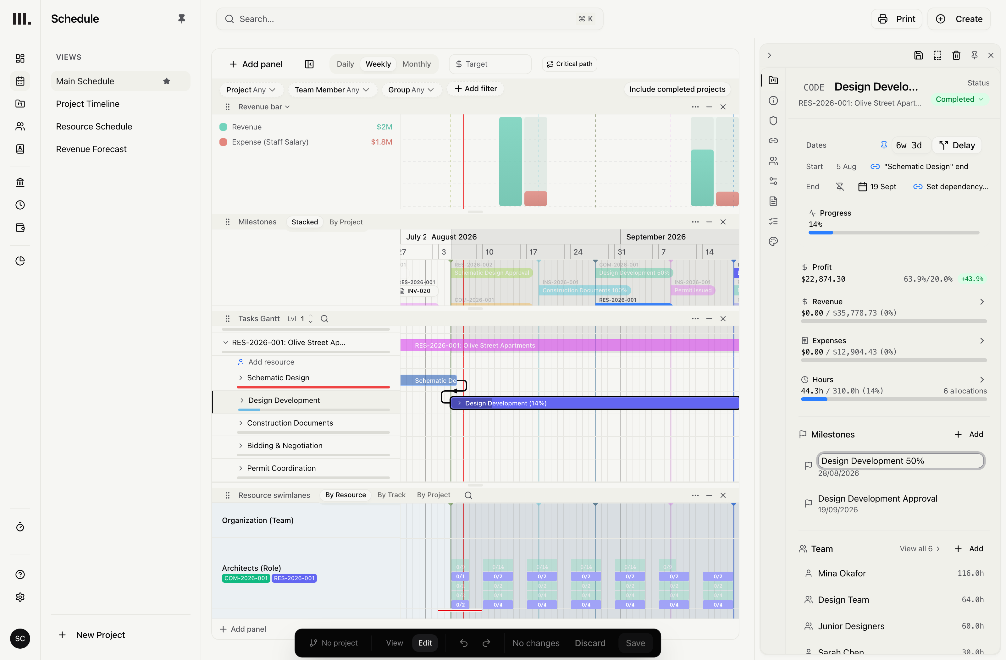 Monument task panel showing dates, progress, revenue and hours