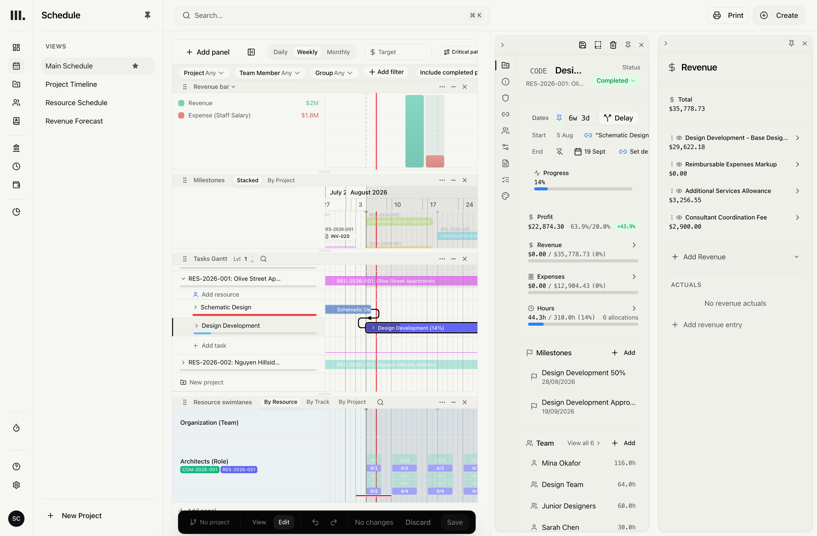 Monument task panel showing profit, revenue, expenses and fee items