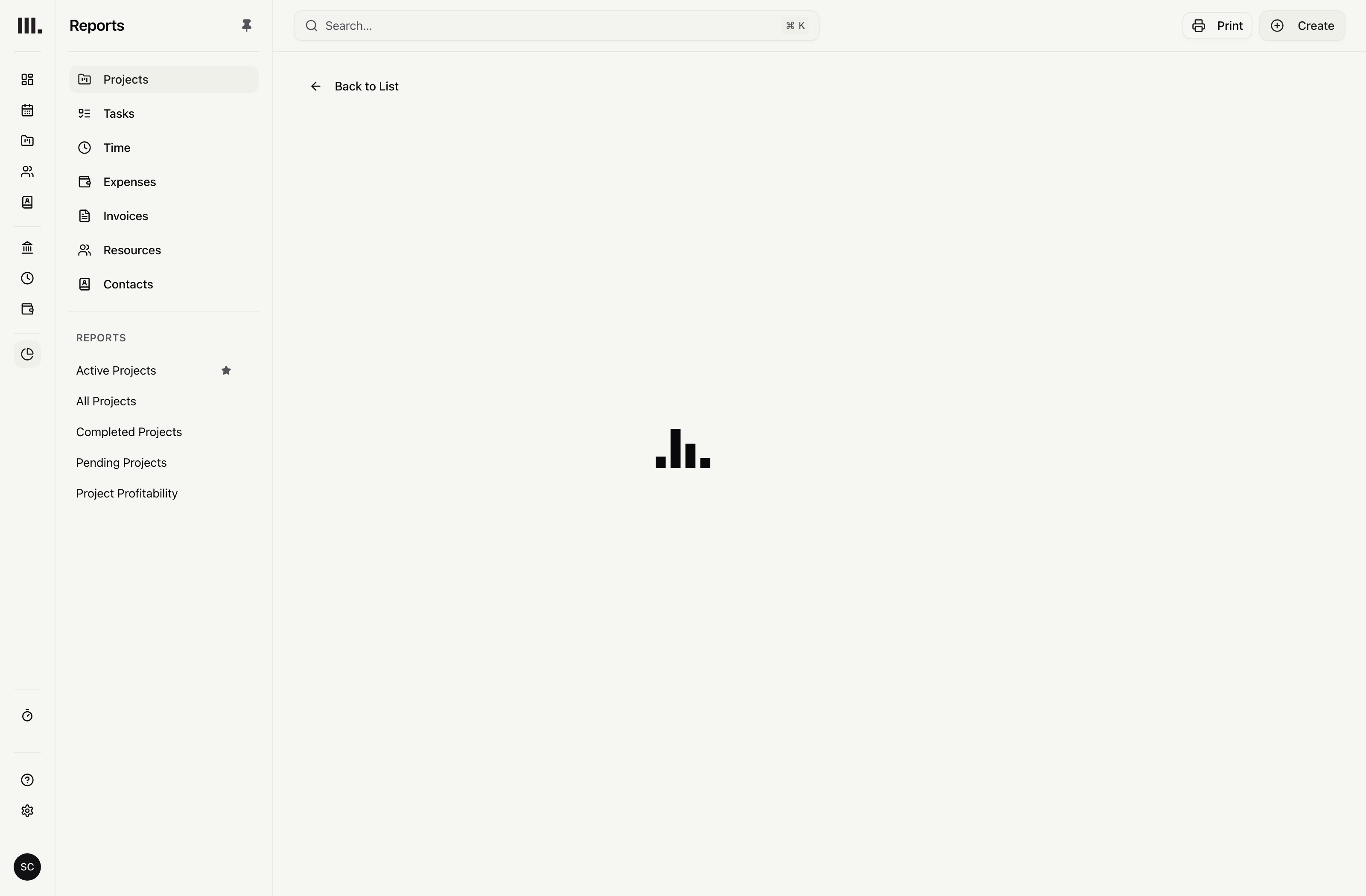 Monument reports page showing project, task, time and expense report sections