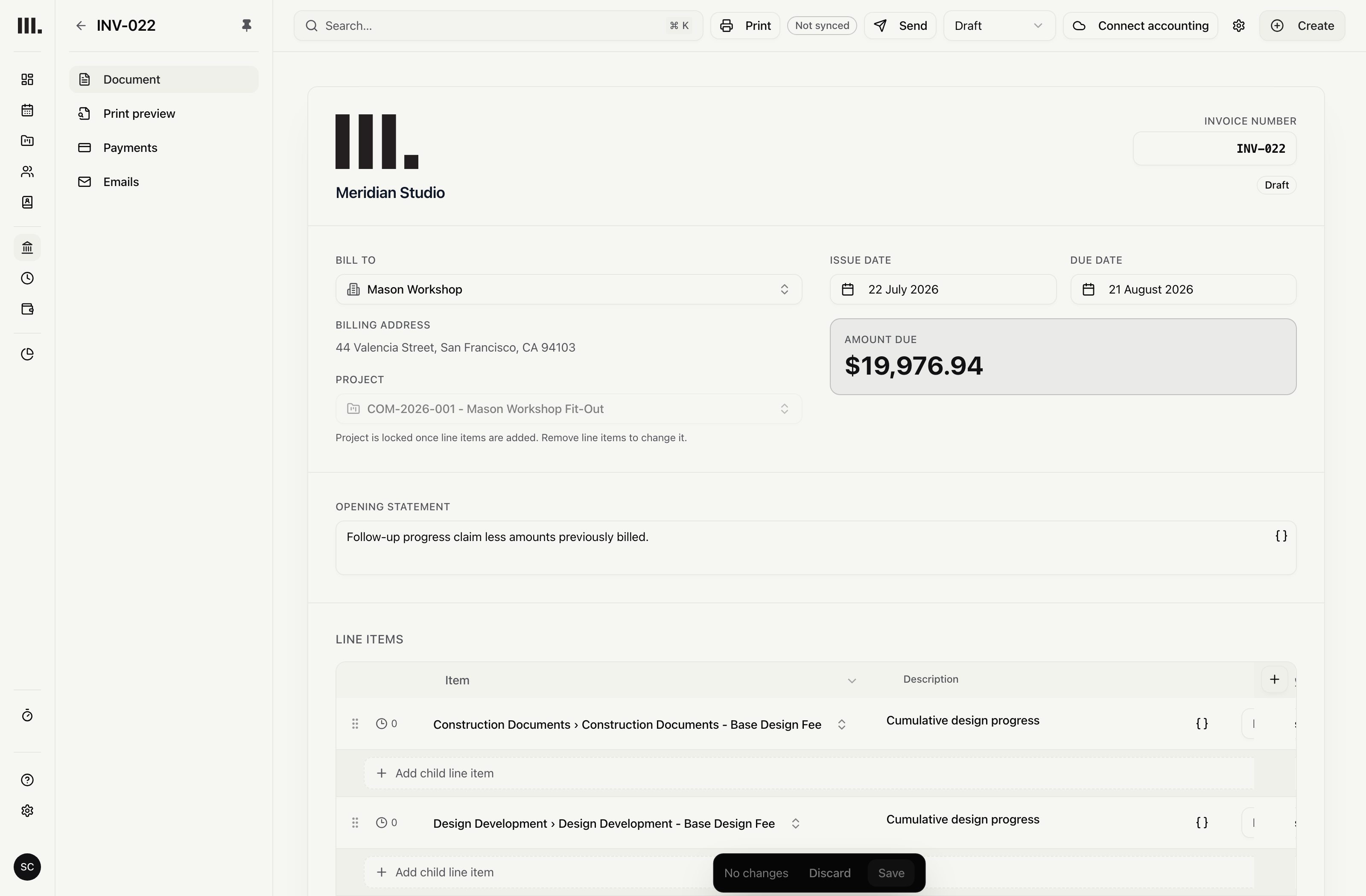 Monument invoice editor showing client, project, amount due and line items