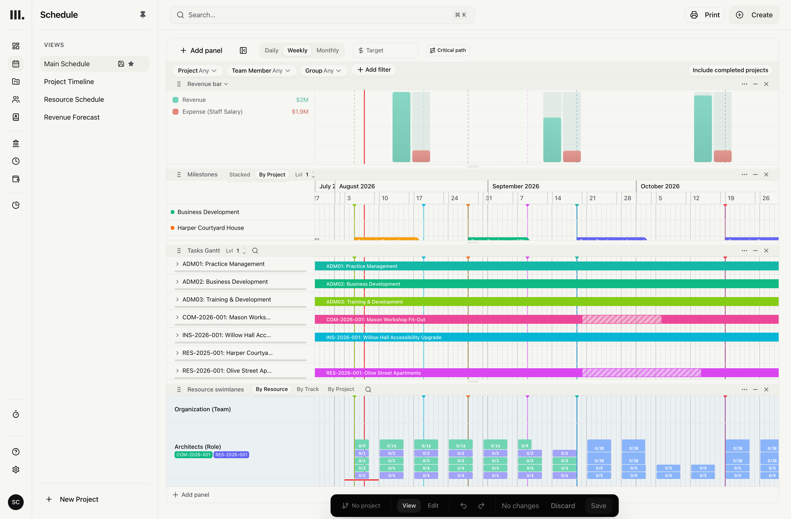 Monument schedule showing revenue, project milestones, task dates and role demand