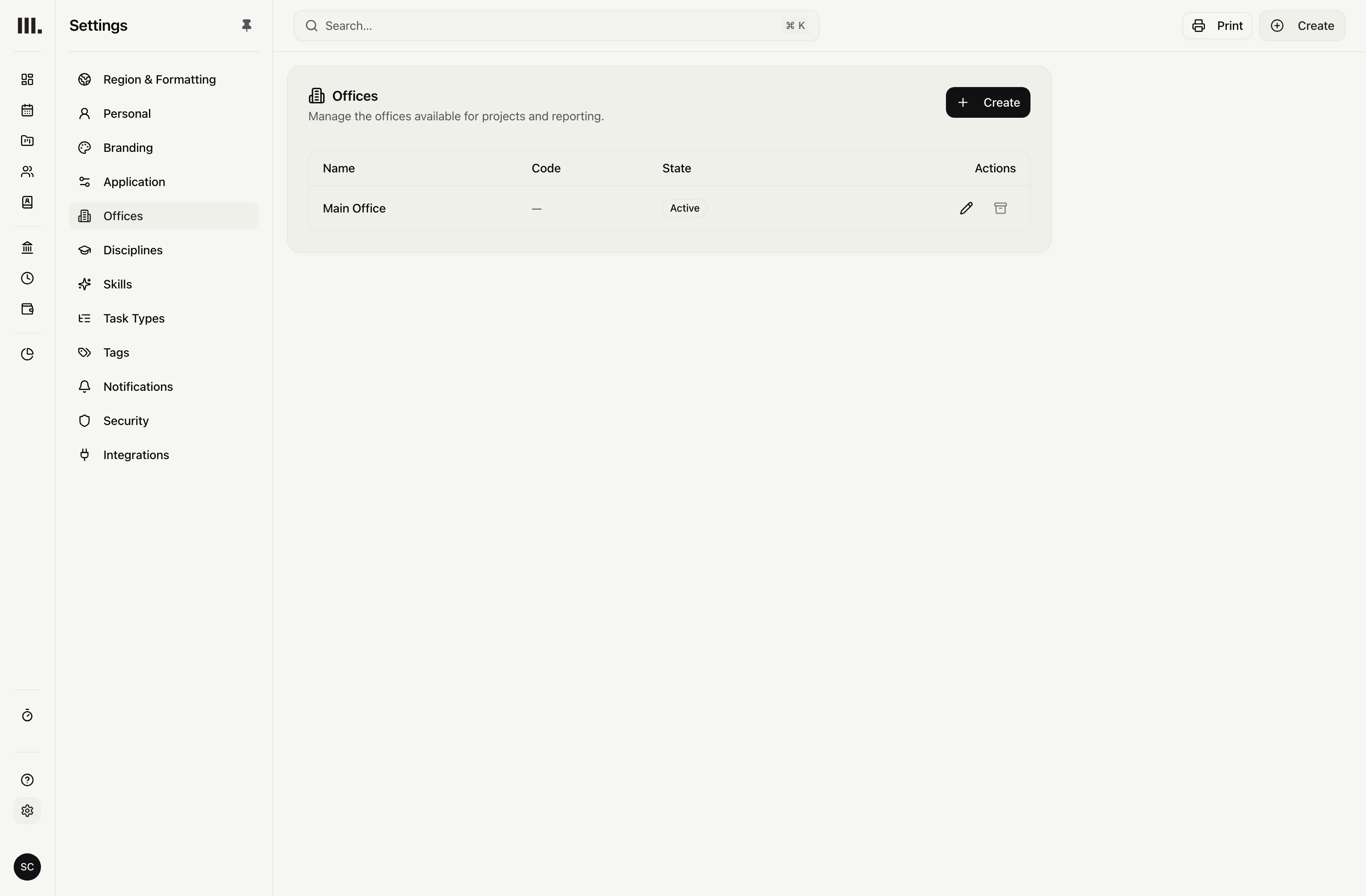 Monument office settings showing office name, code, status and actions