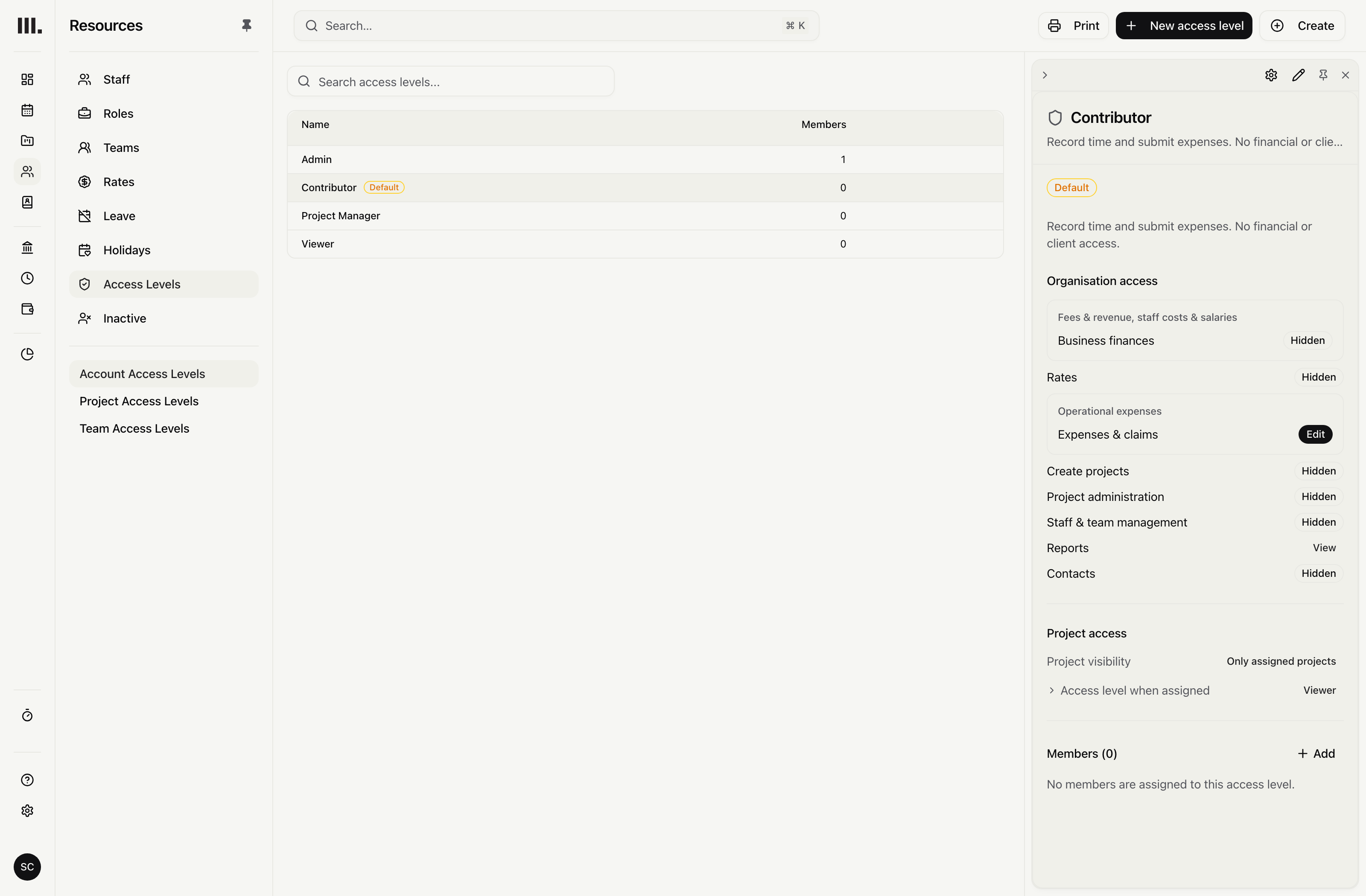 Monument access levels showing roles, member counts, permissions and project access