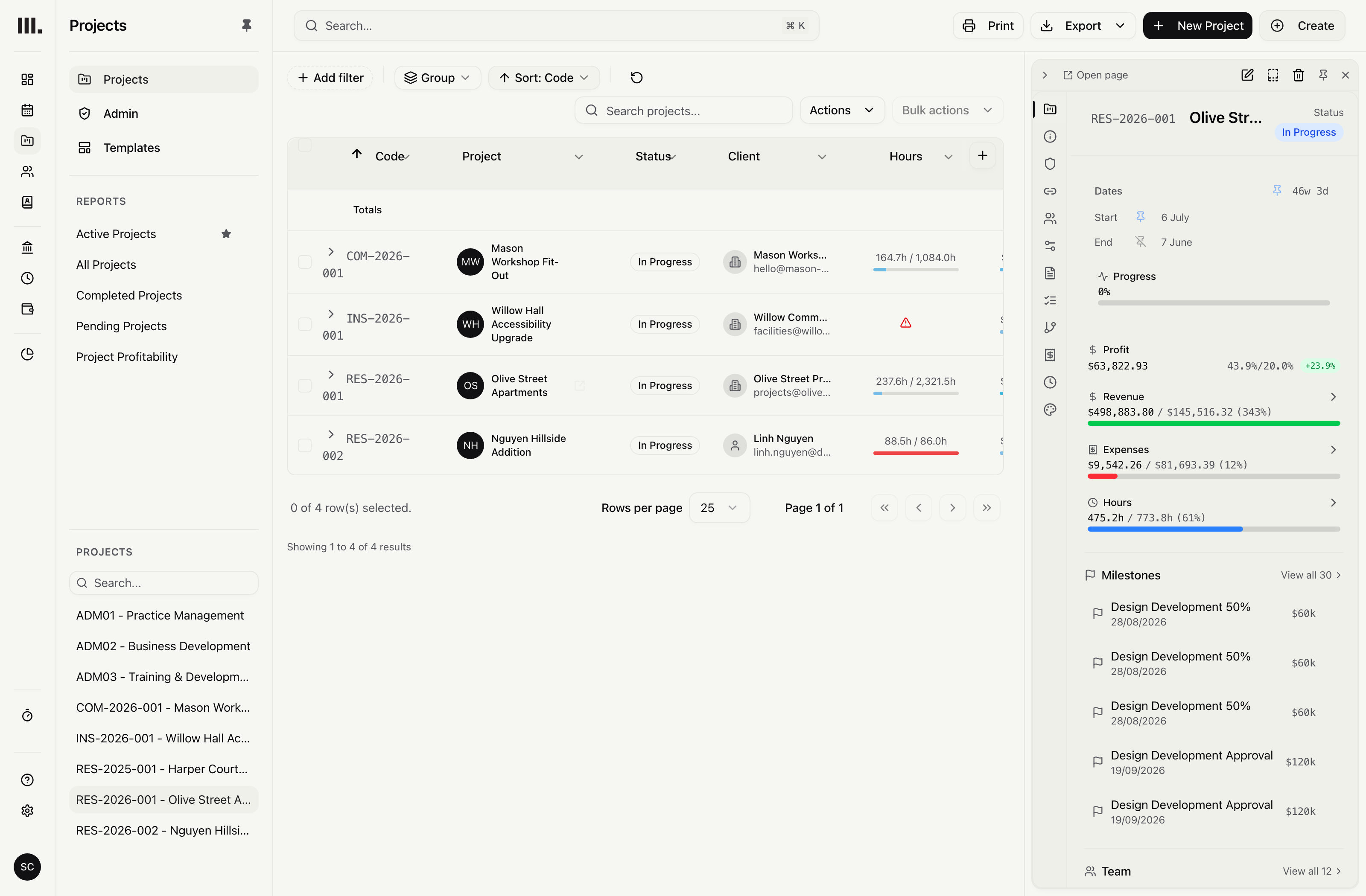Monument project list showing status, hours, profit and revenue