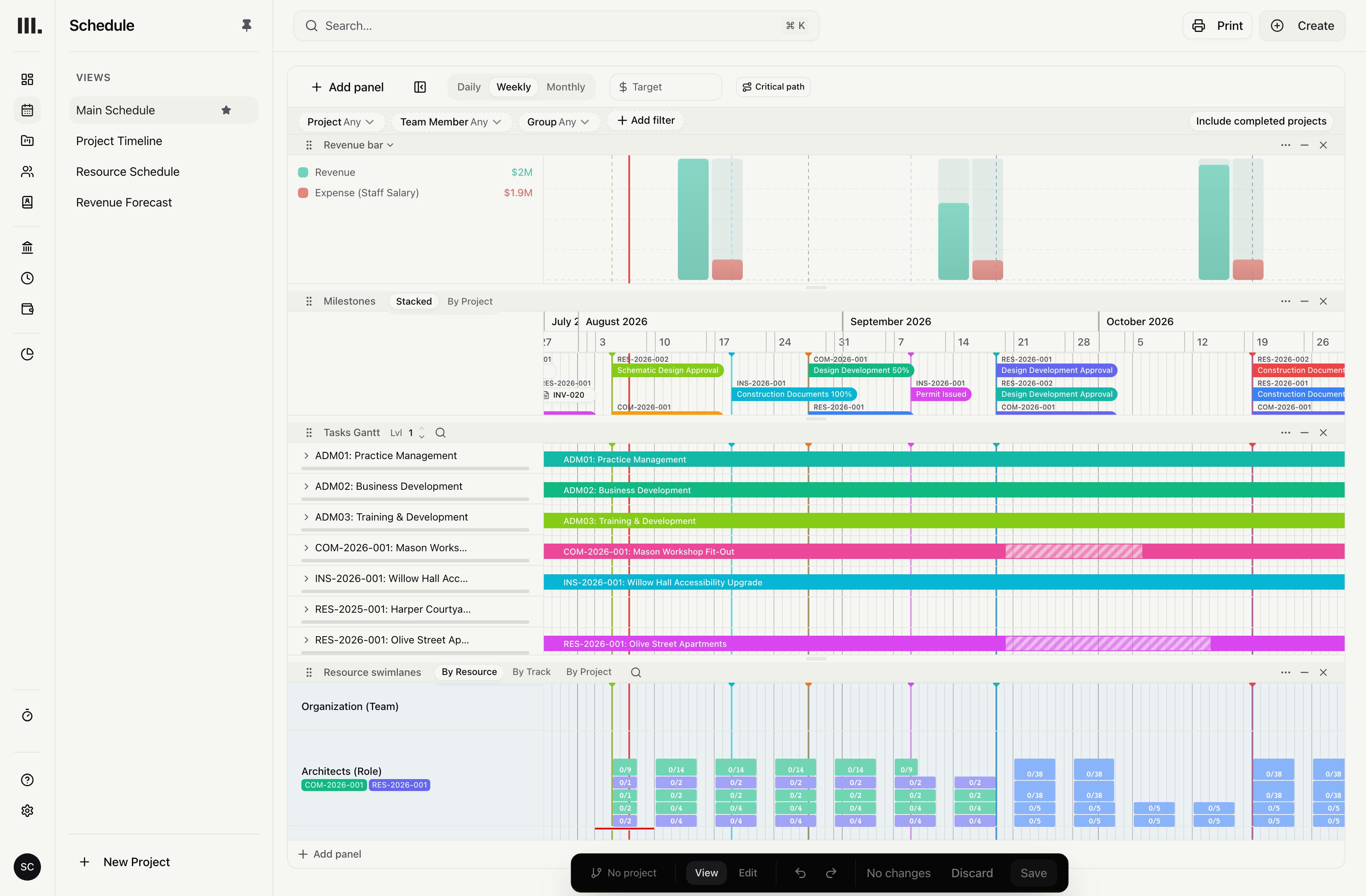 Monument schedule showing revenue, milestones, project tasks and roles across projects