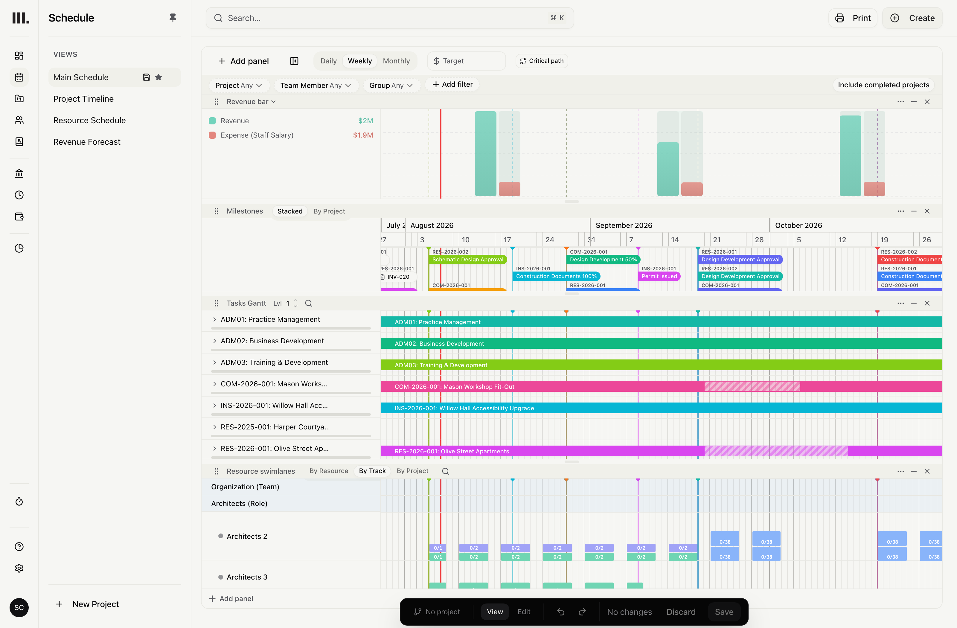 Monument schedule showing projects, milestones, tasks and resource groups