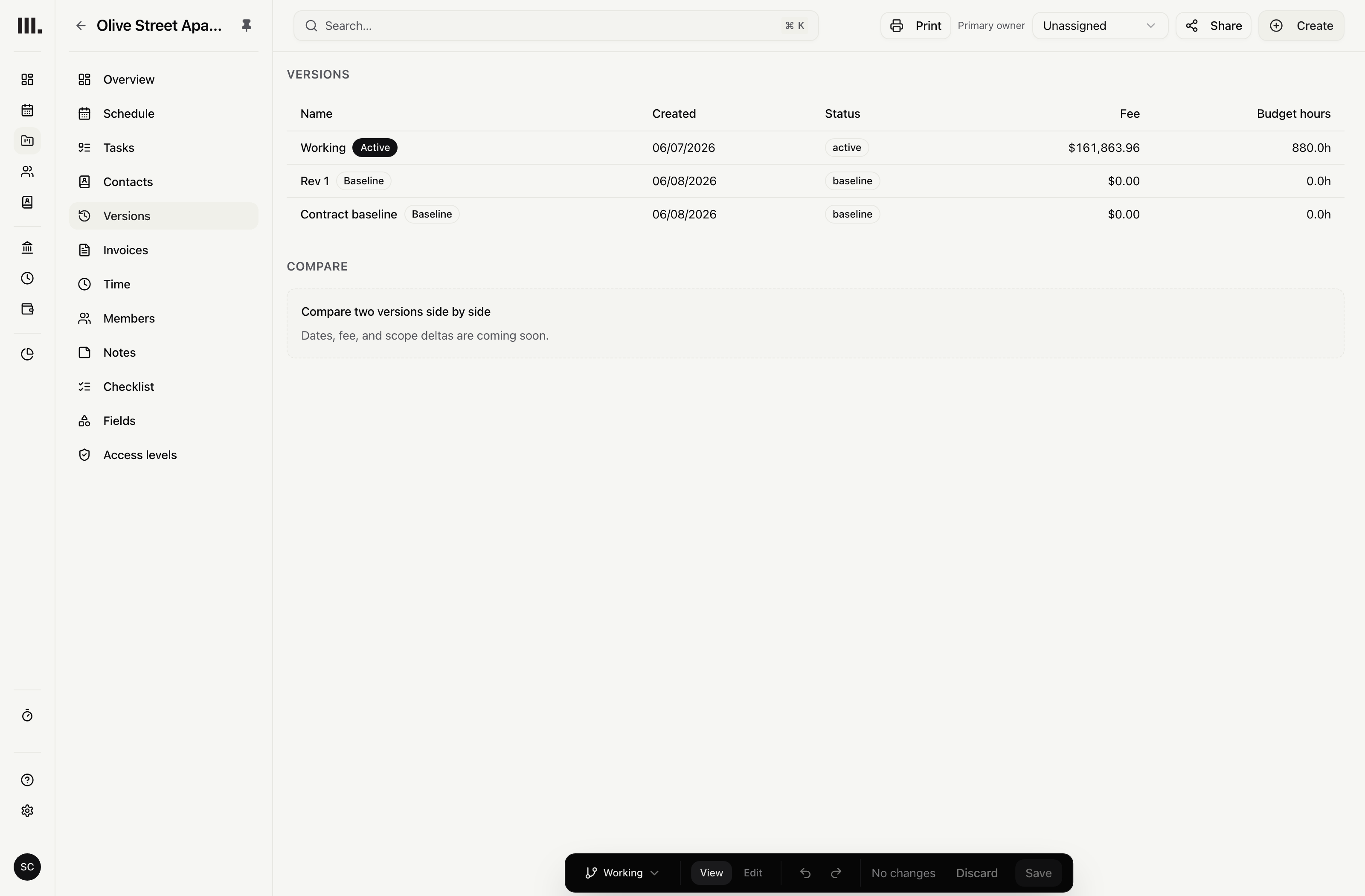 Monument project versions showing names, statuses, fees and budget hours