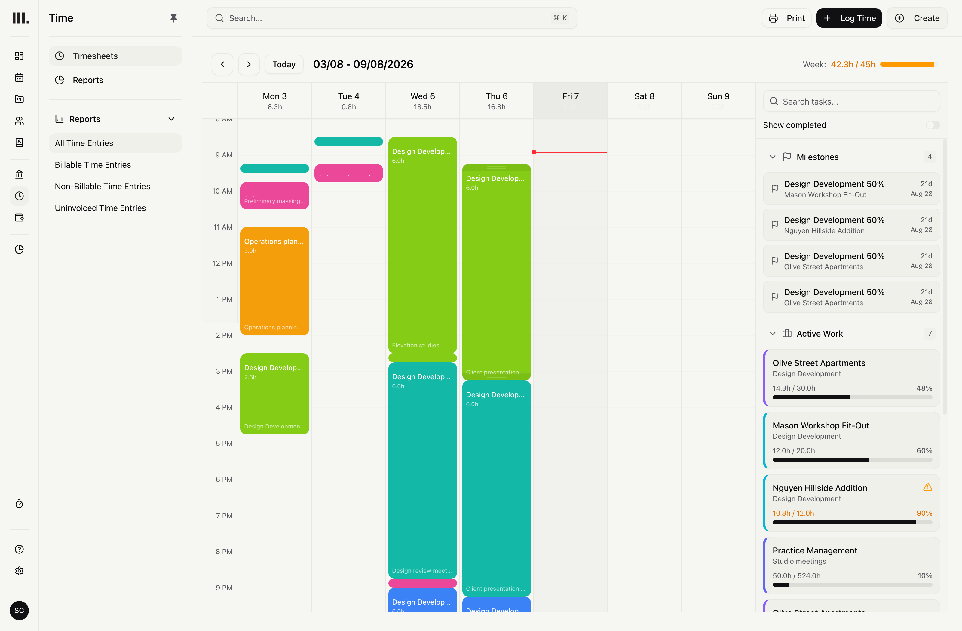 Monument timesheet showing logged hours, project tasks, milestones and weekly totals