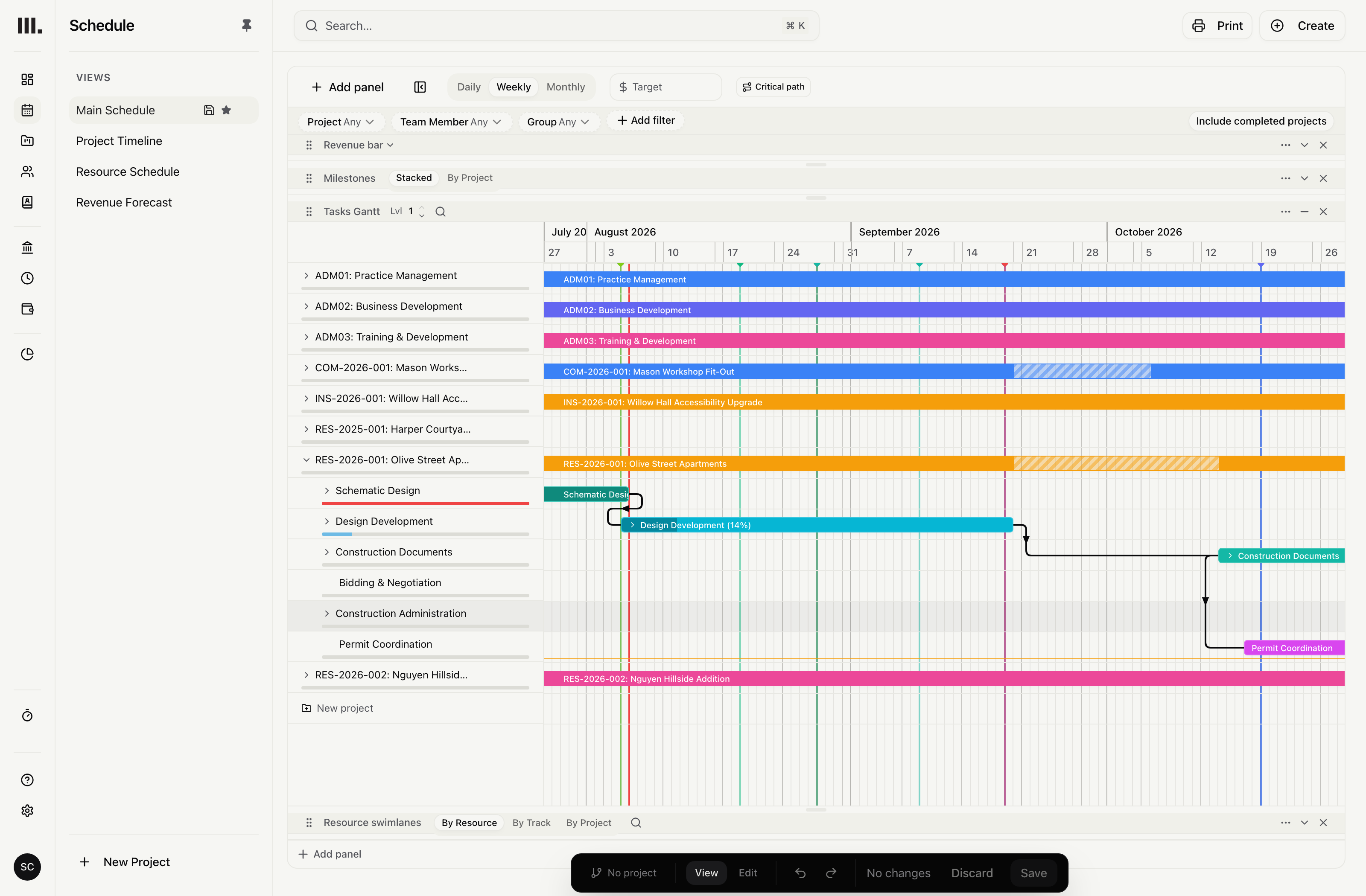 Monument schedule showing project tasks, dates, milestones and dependencies